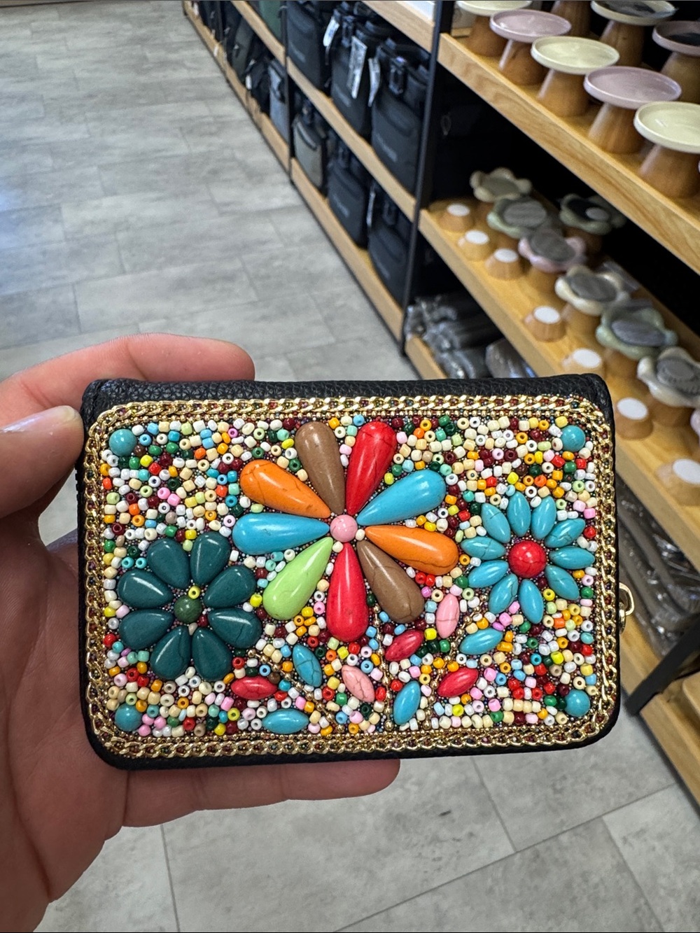 Beaded Floral Compact Wallet - Multicolor